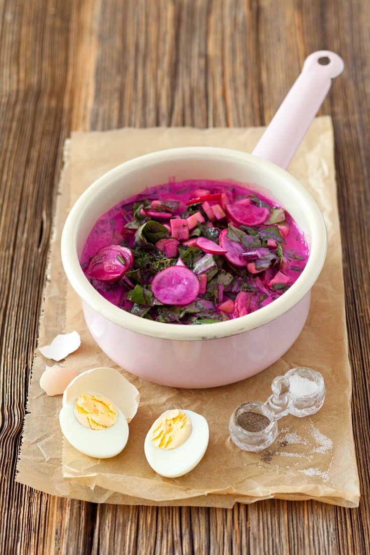 Cold beetroot soup with beetroot lives, radishes, cucumber, dill and kefir