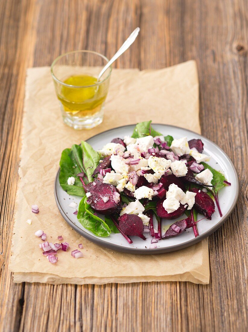 Warm beetroot salad with feta cheese and red onions