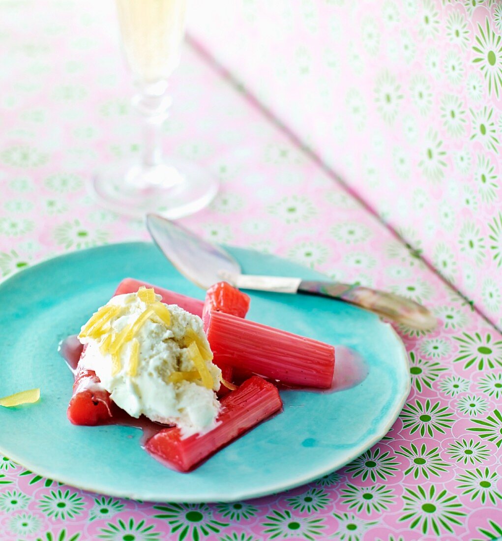 Rhubarb compote with ginger ice cream