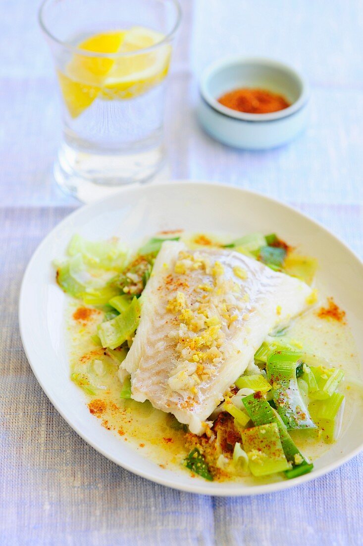 Steamed fish fillet on a leek medley