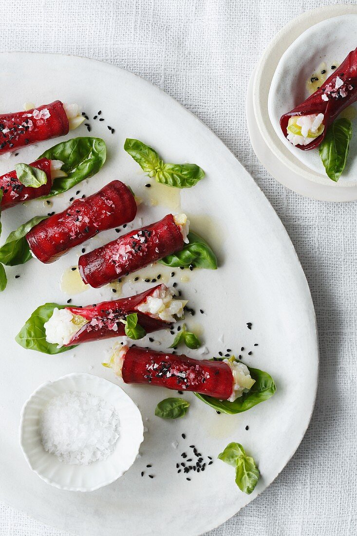 Beetroot rolls with basil and truffle oil