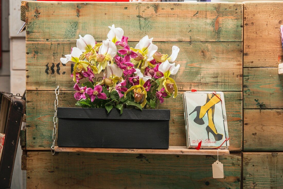 Orchids of various colours and clematis flowers arranged on black shoe box next to framed picture on wooden shelf mounted on vintage board wall