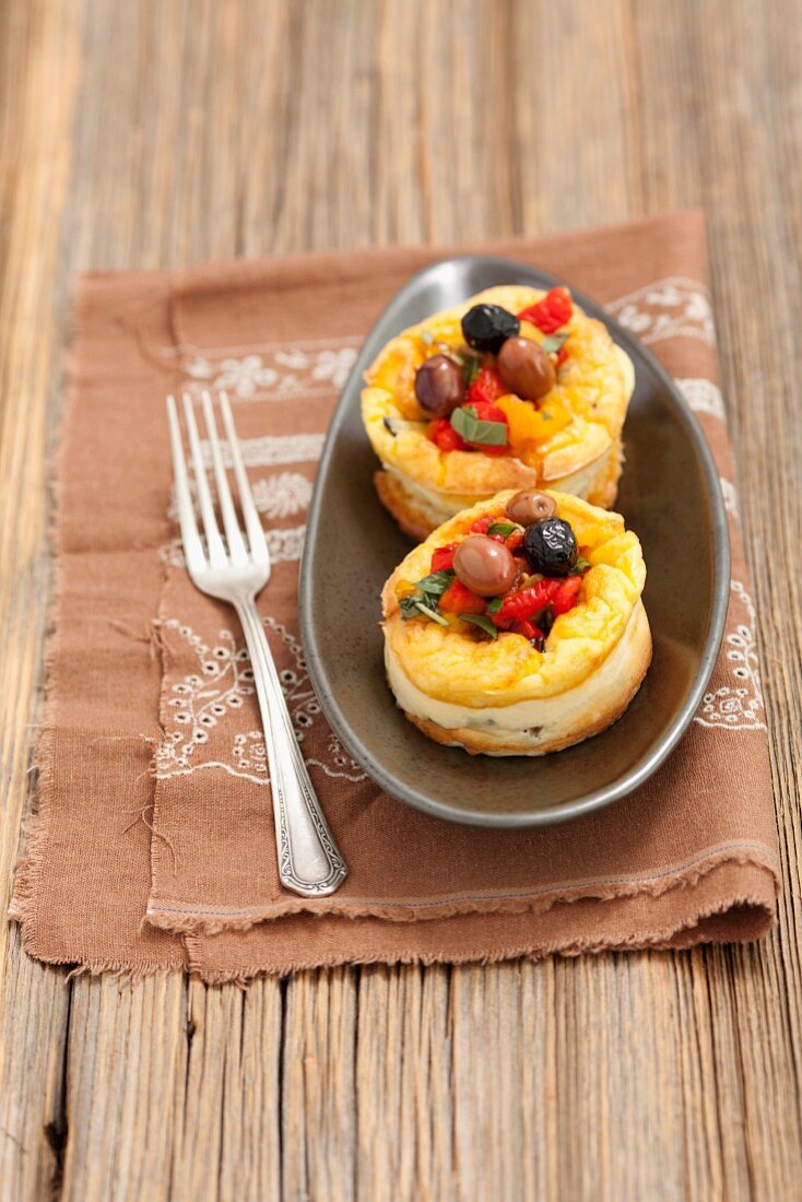 Goat's cheese flans with roasted peppers
