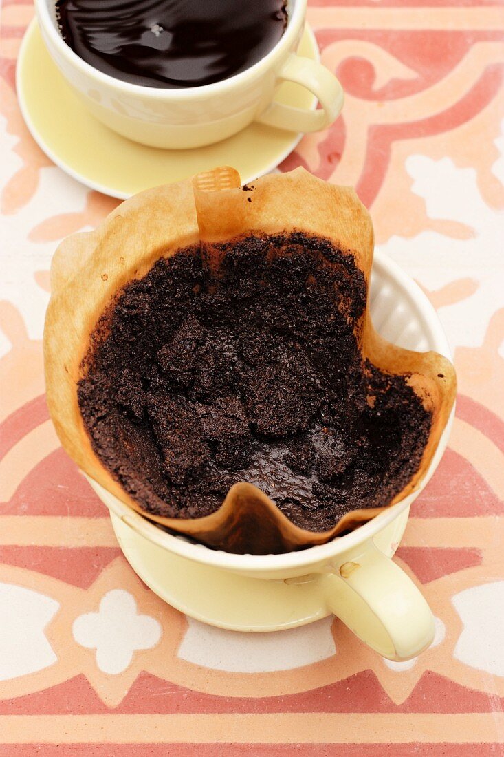 A cup of coffee and a coffee filter