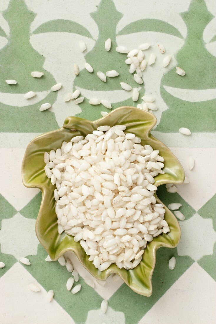 Risotto rice in a leaf-shaped dish