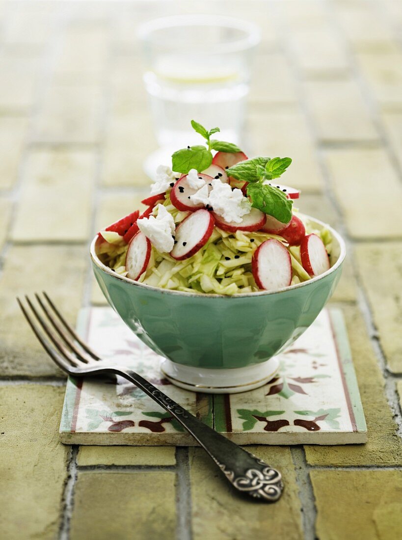 White cabbage salad with radishes and goat's cream cheese