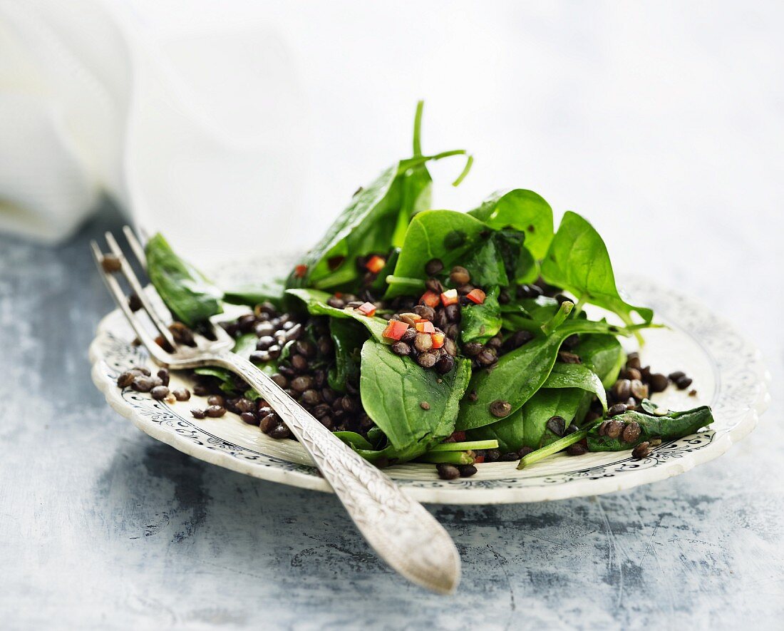 Lentil salad with baby spinach