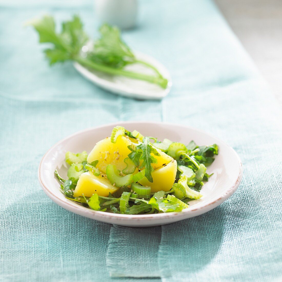 Staudensellerie mit Kartoffeln und Rucola