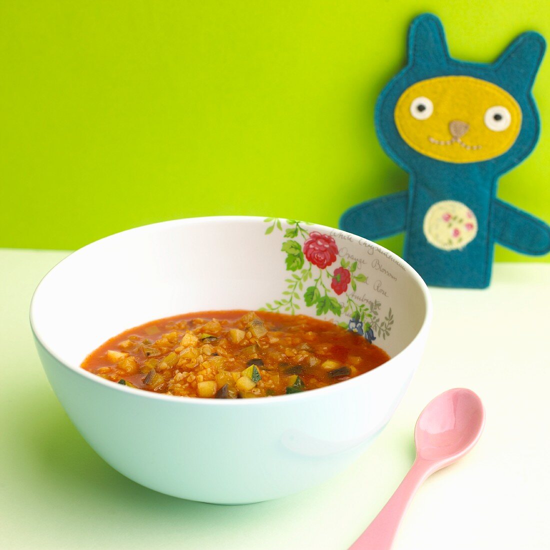 Courgette and aubergine soup with bulgur