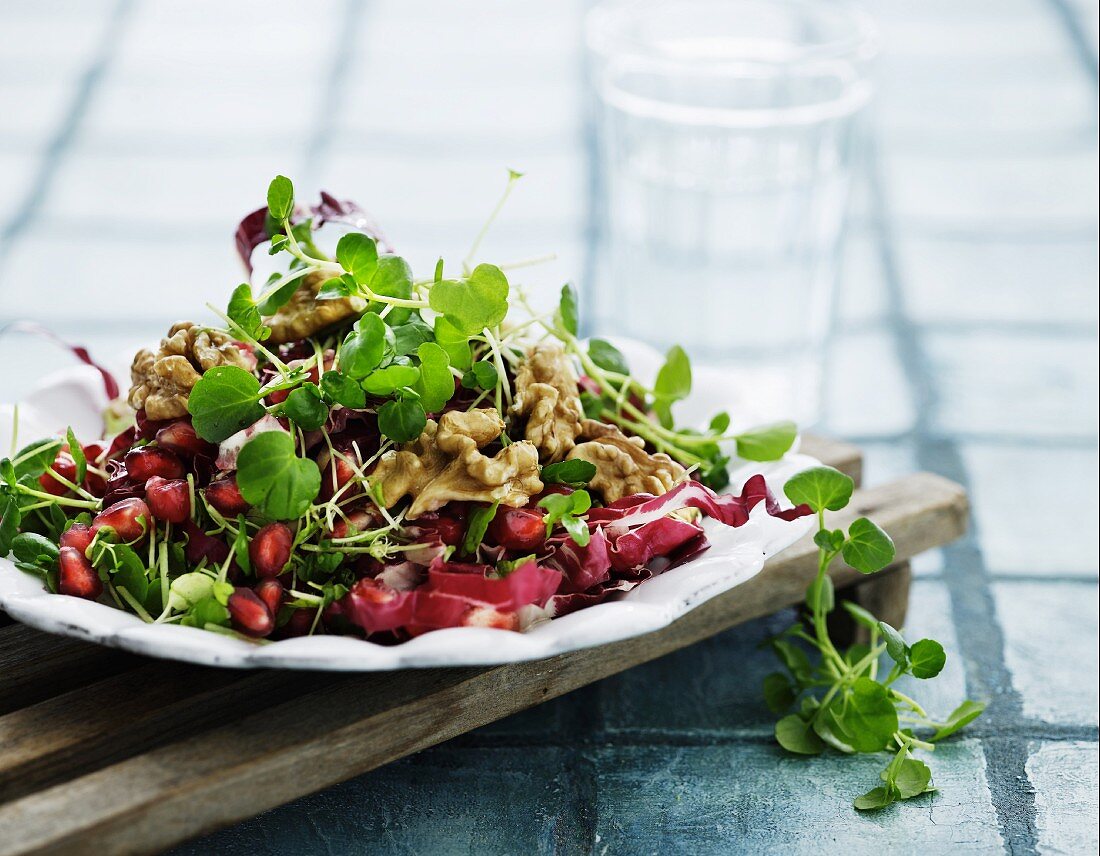 Mixed leaf salad with pomegranate seeds and walnuts