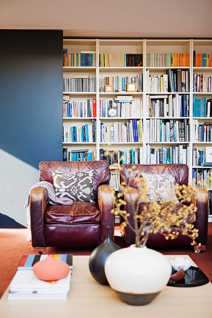 Scuffed, vintage leather armchairs in front of bookcase; vase of twigs in foreground