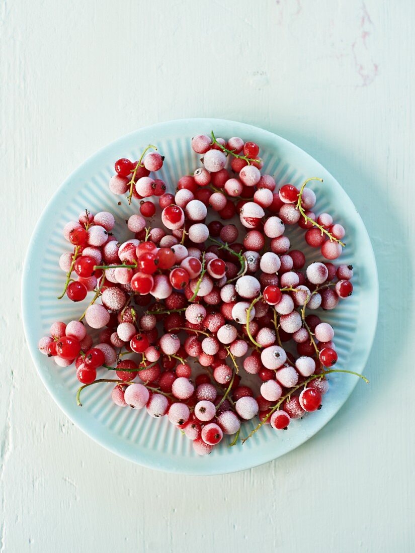 A plate of frozen redcurrants