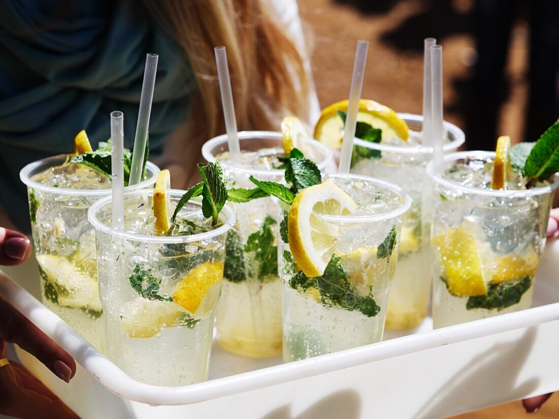 Eiskalte Limonade mit Zitronenn und Kräutern in Plastikbechern (Markt in Pretoria, Südafrika)