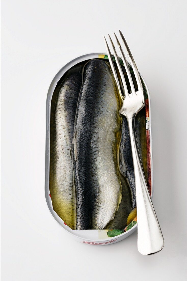 A tin of herring with a fork