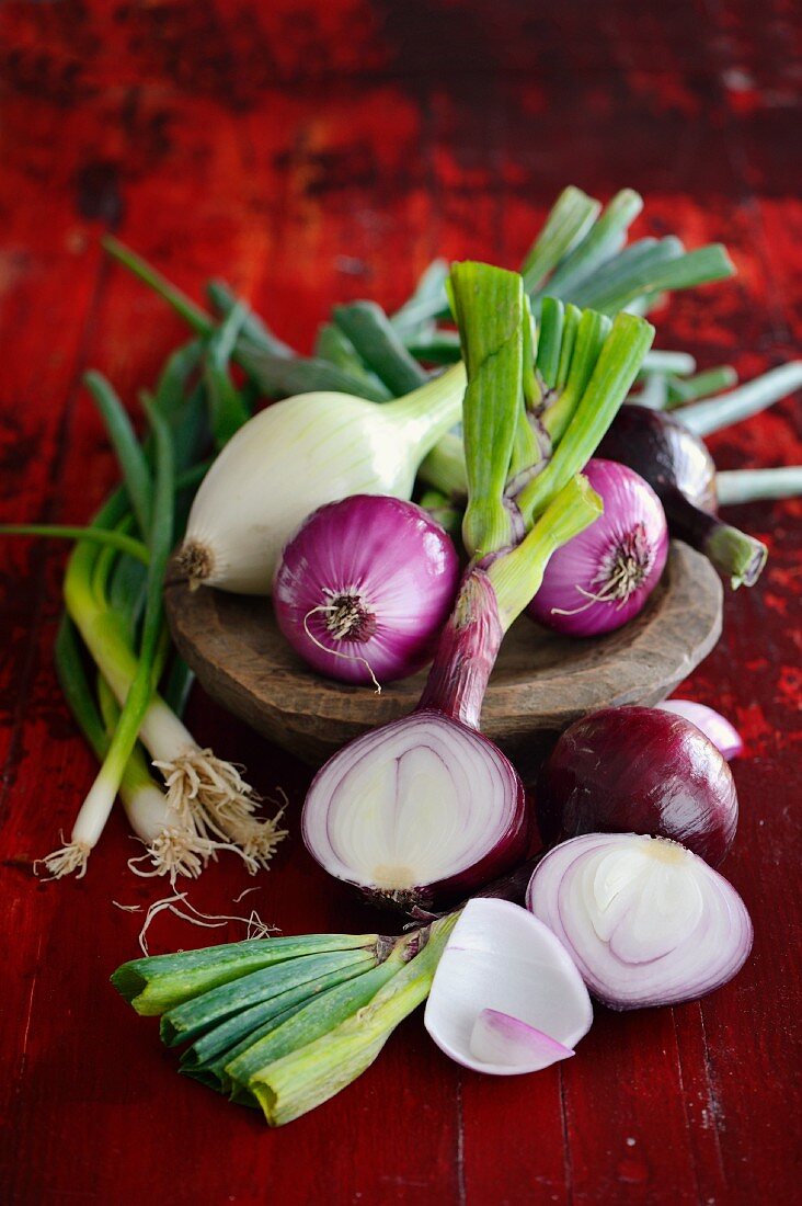 And arrangement of various different spring onions