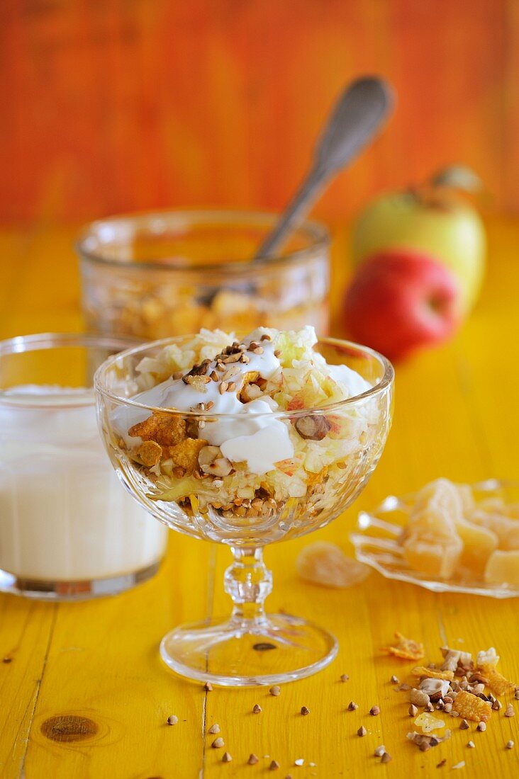 Autumnal muesli with nuts and natural yoghurt