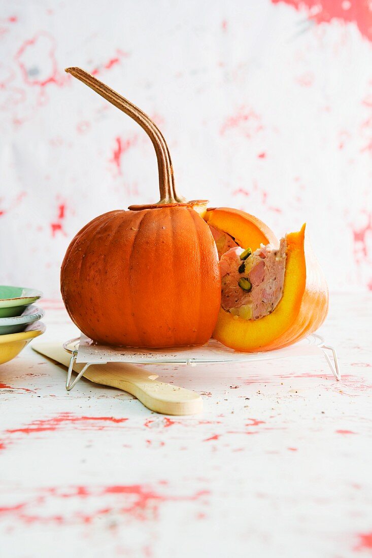 A stuffed pumpkin, sliced