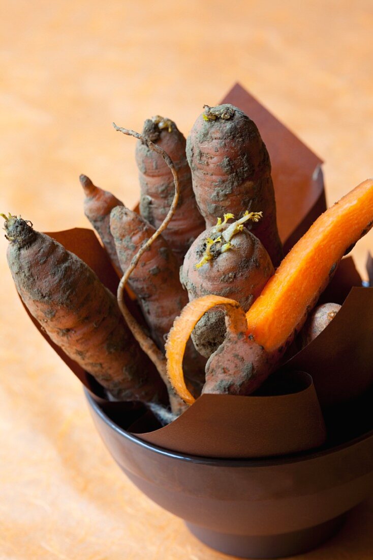 Organic carrots covered in soil, one peeled