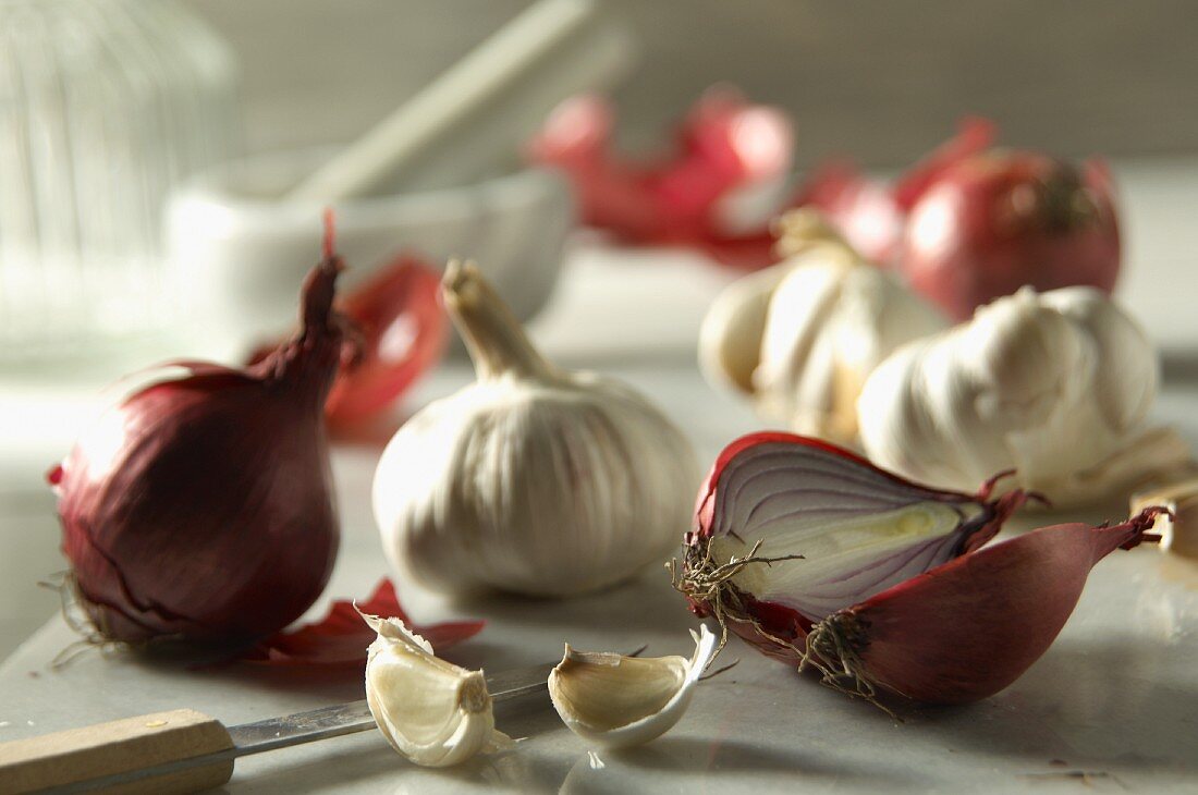 Two red onions and garlic