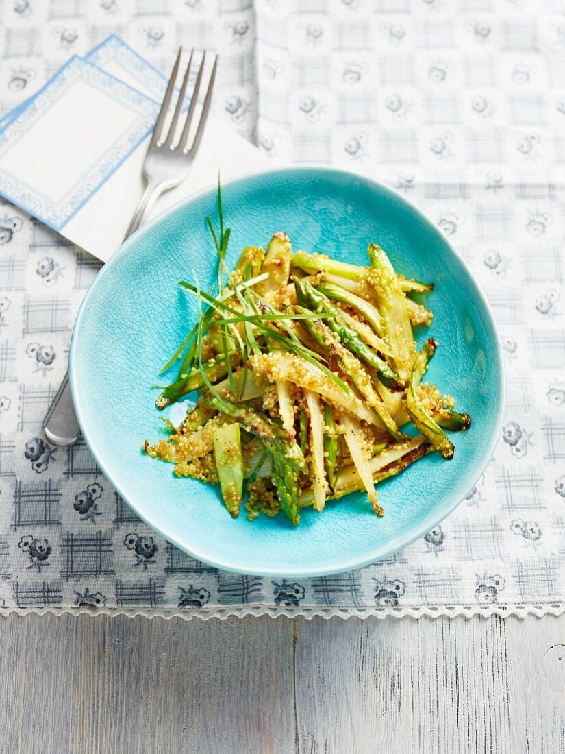 Fried asparagus strips