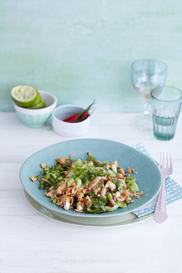 Chicken salad with cucumber, chilli and peanuts