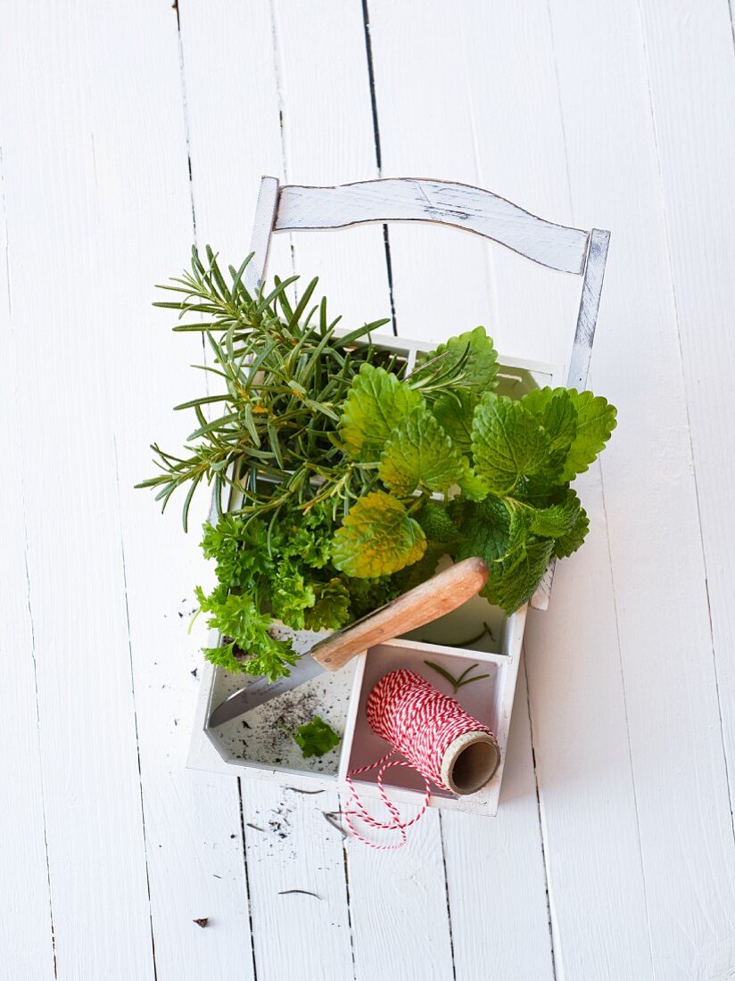 Fresh herbs with kitchen twine and knife in a wooden basket
