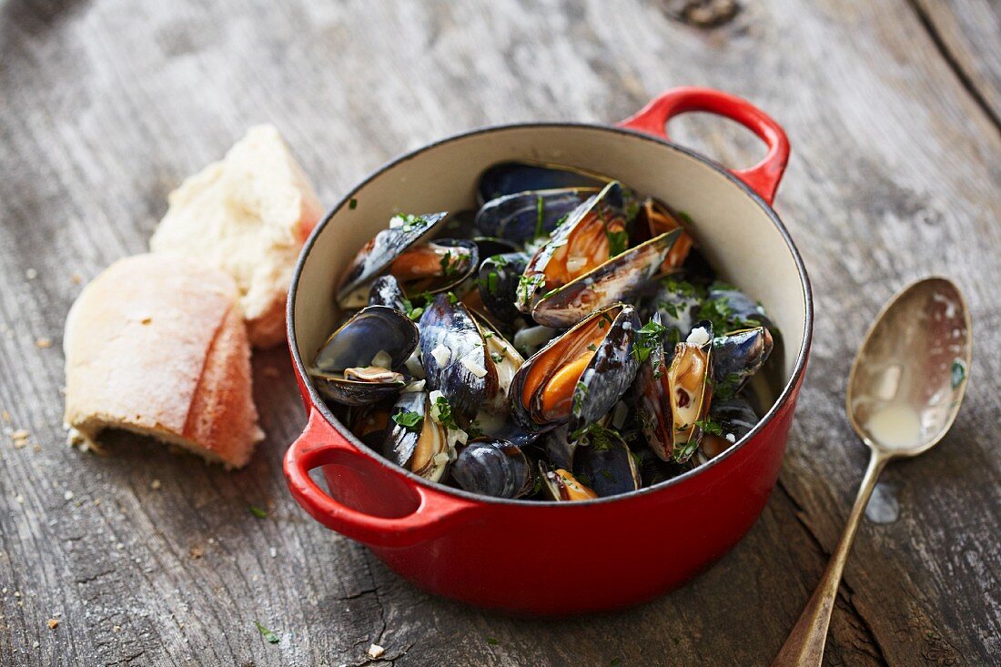 Steamed mussels with white bread