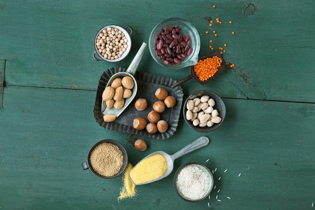 An arrangement featuring nuts, legumes, rice and polenta