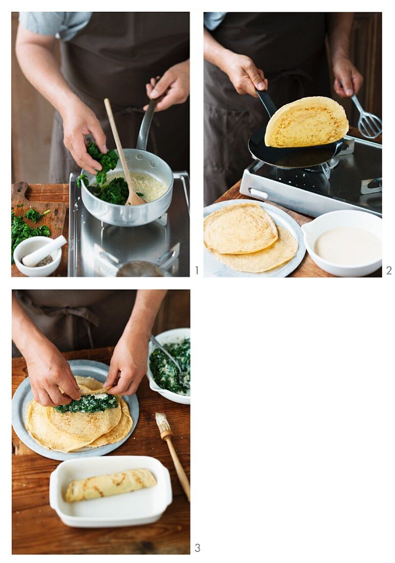 Pancake rolls with a spinach filling being made