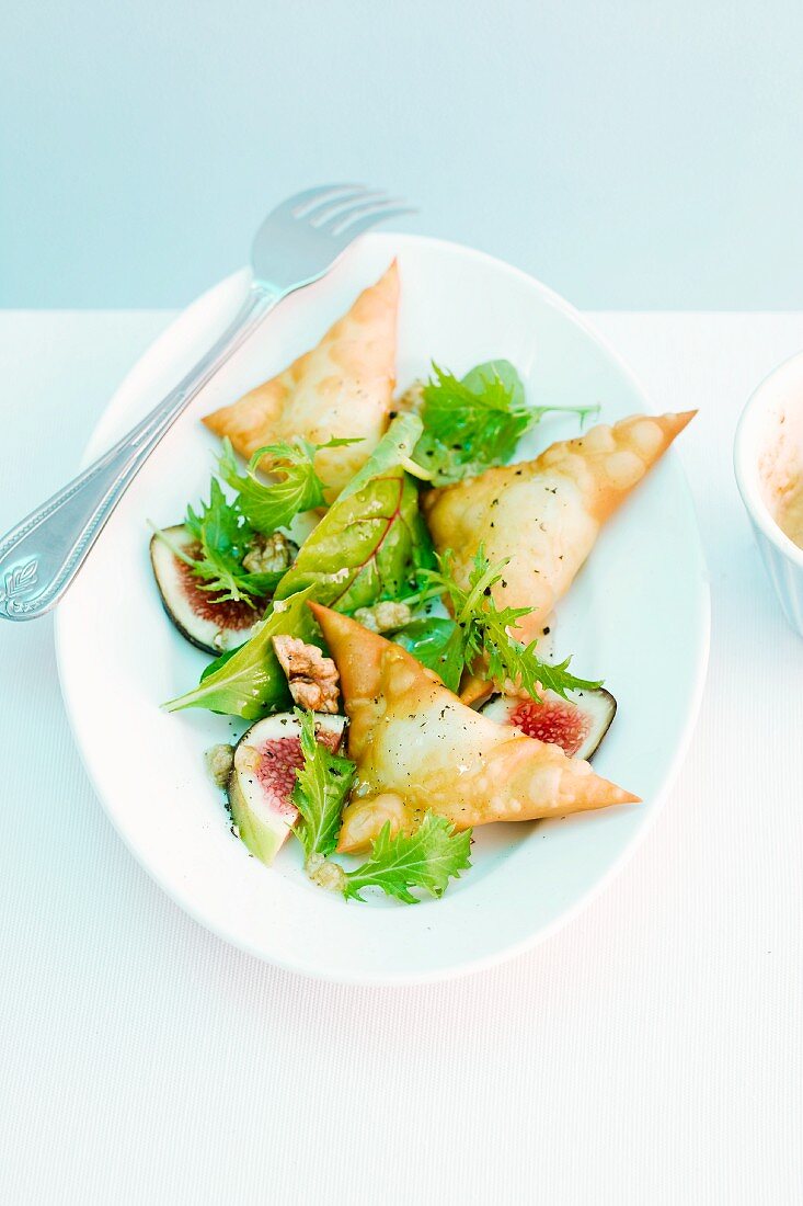 Crispy goat's cheese wontons with honey, figs and walnut pesto