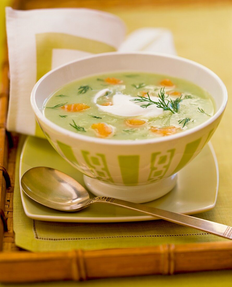 Herb soup with salmon and dill