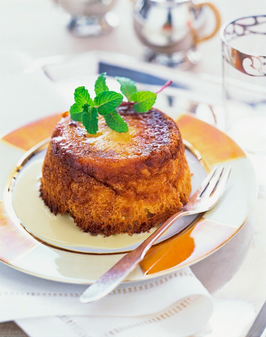 Bread pudding with fresh mint