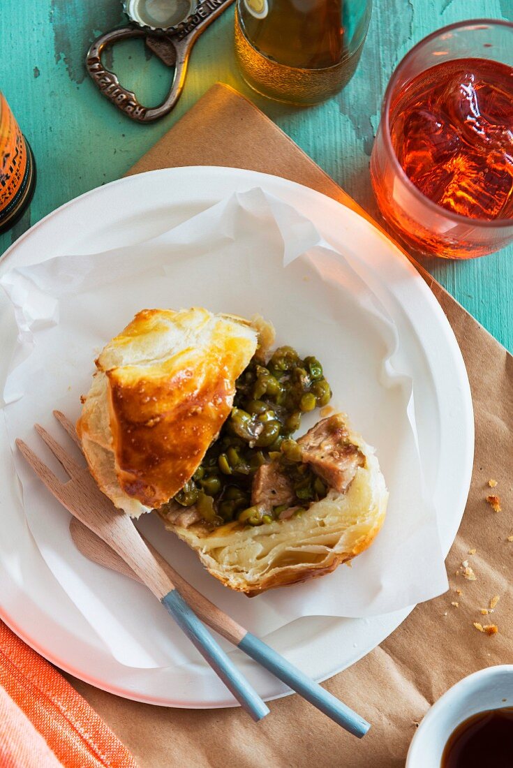 A pastry filled with tuna and capers