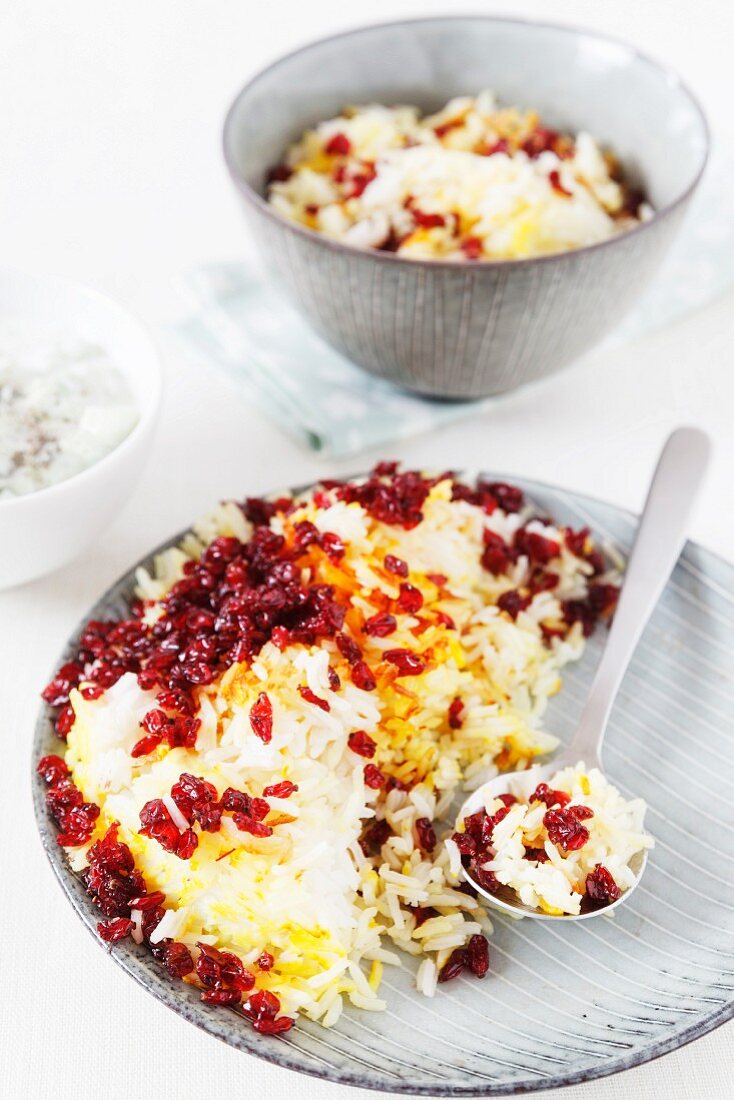 Persian saffron rice with barberries and mint yoghurt