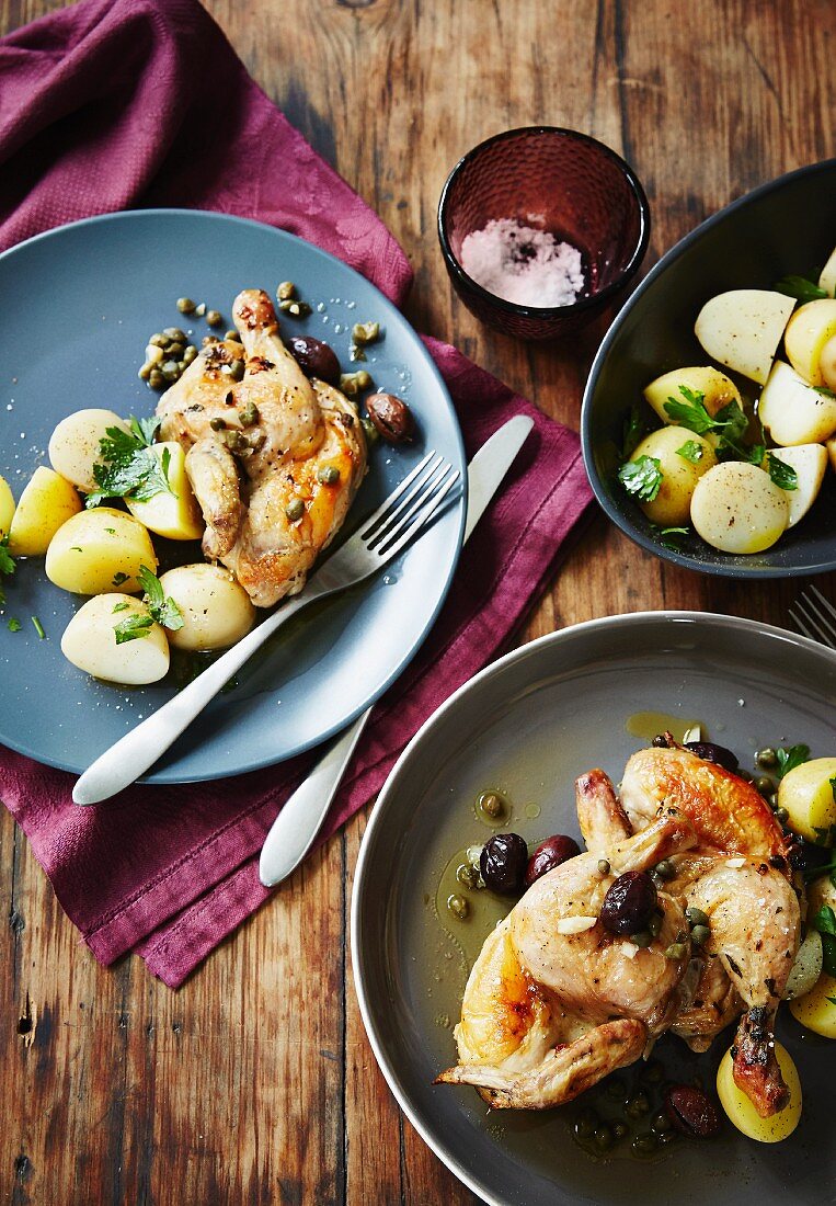 Fried spring chicken with baby potatoes