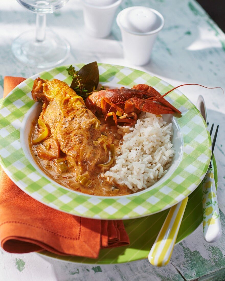 Chicken and crayfish with rice