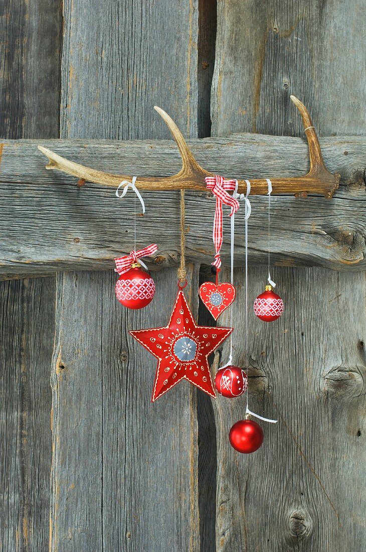 Hirschgeweih mit Weihnachtsschmuck an einer Holzwand