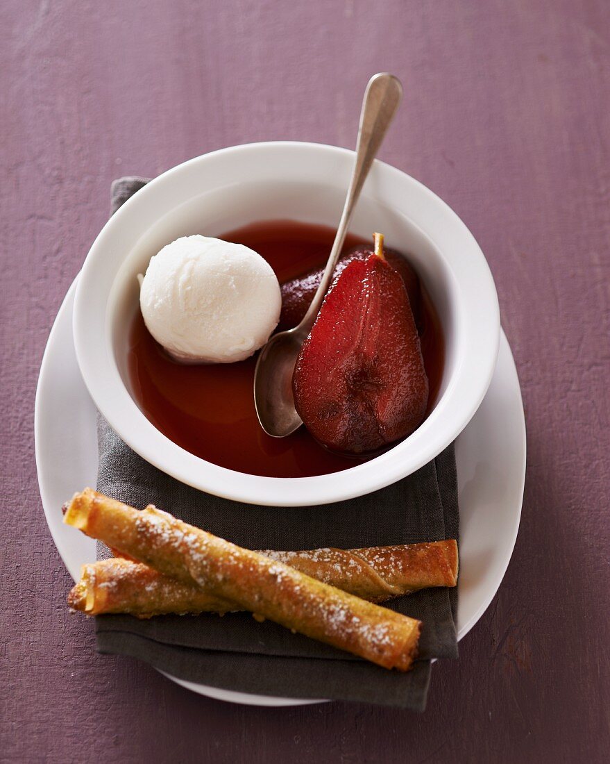 Pear in red wine with vanilla ice cream
