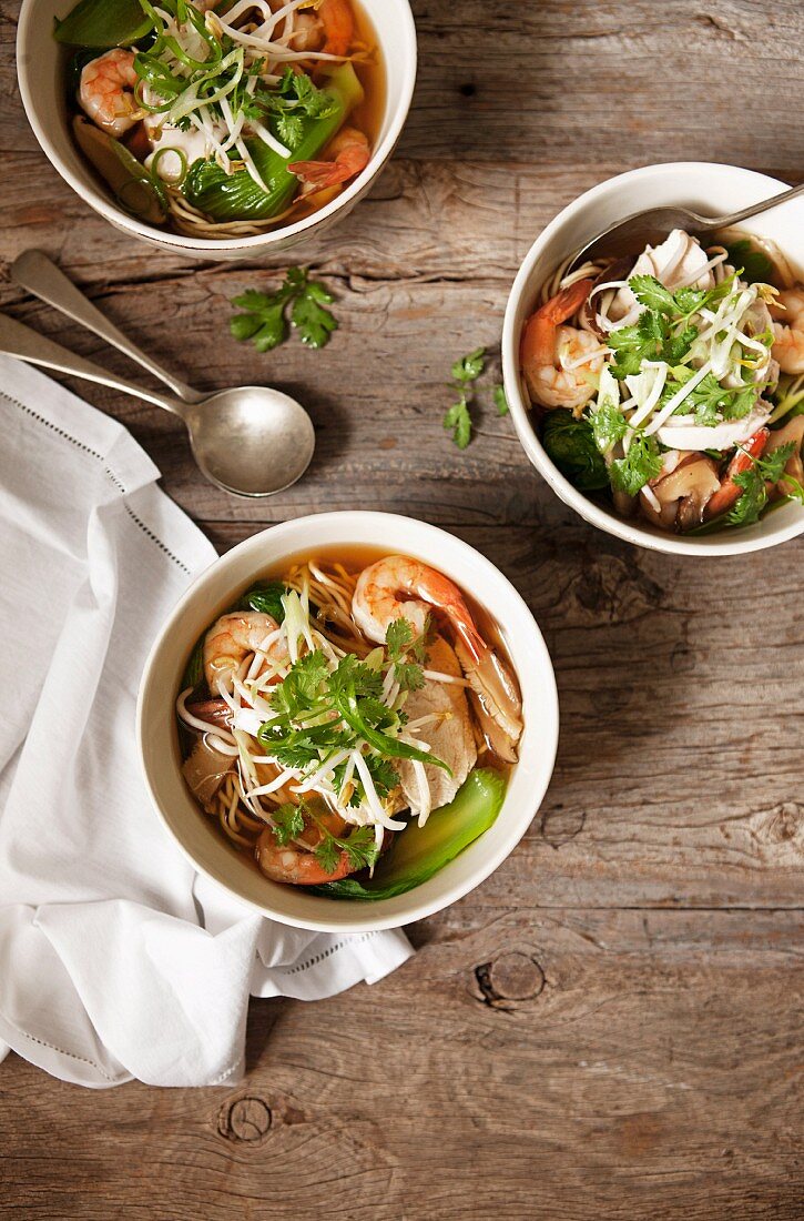 Asiatische Hähnchen-Garnelen-Suppe mit Sprossen