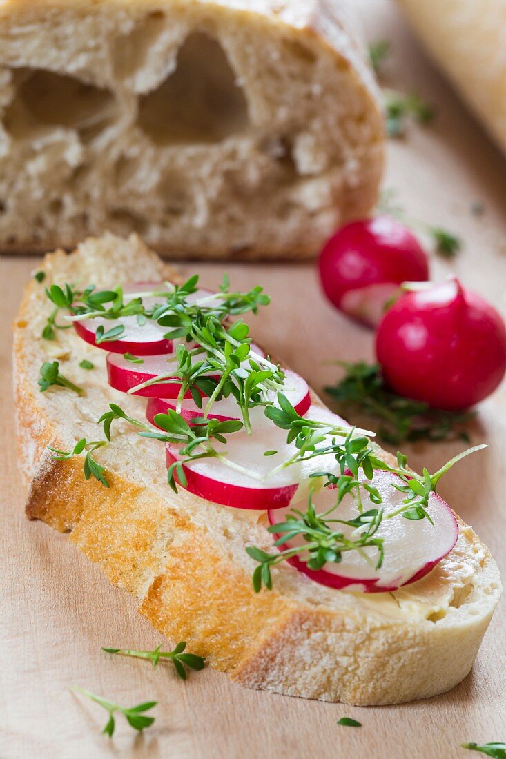 A slice of baguette topped with radishes, cress and chives