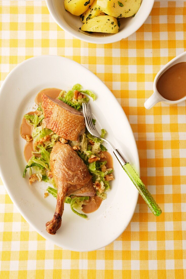 Roast duck with a savoy cabbage medley