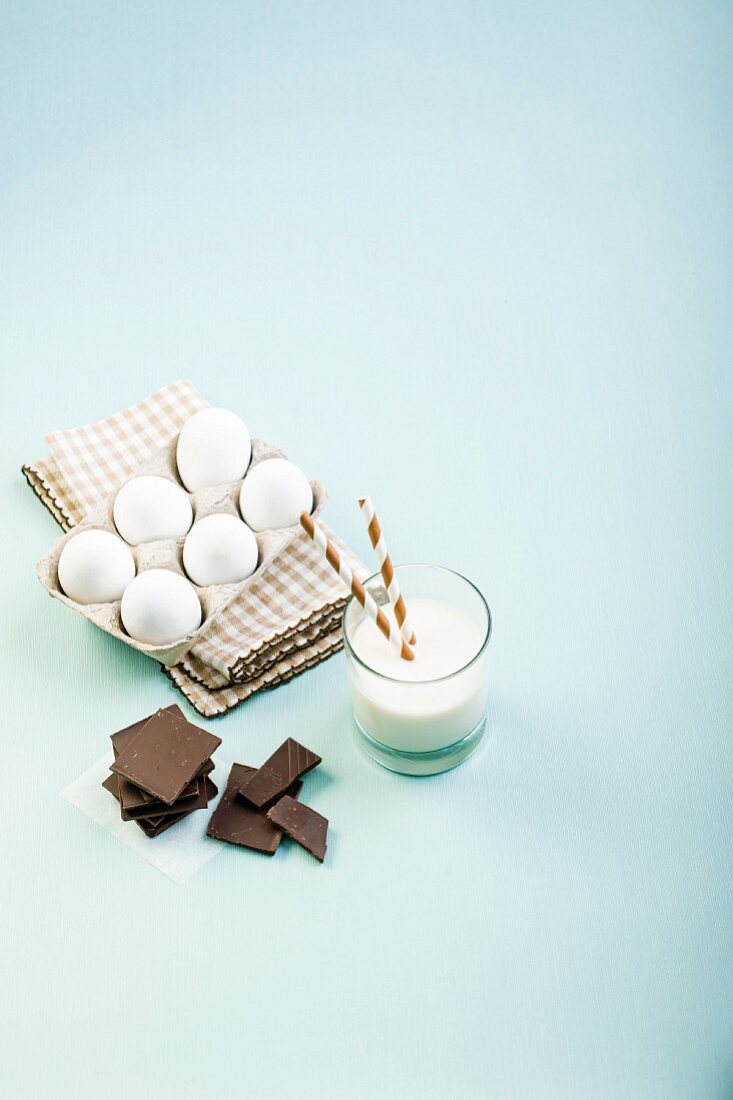 An arrangement of eggs, chocolate and milk