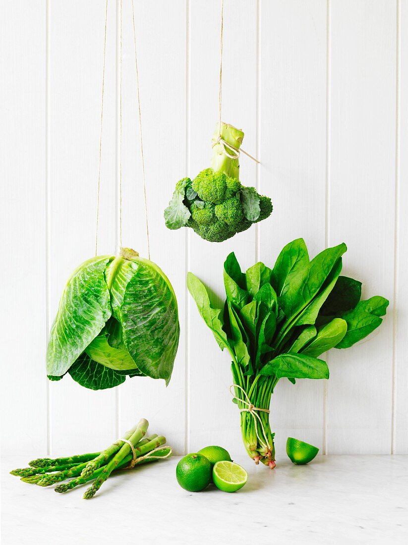 An arrangement of green fruit and vegetables