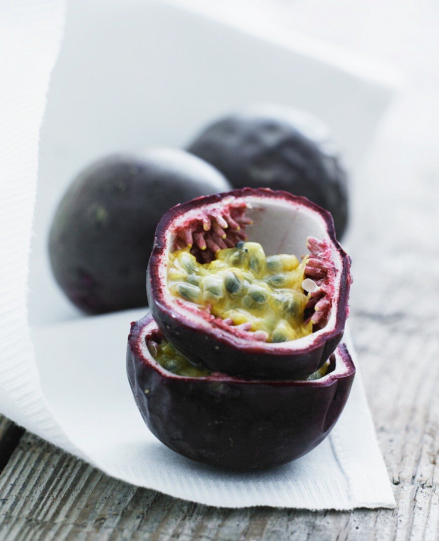 Passion fruit on a white cloth