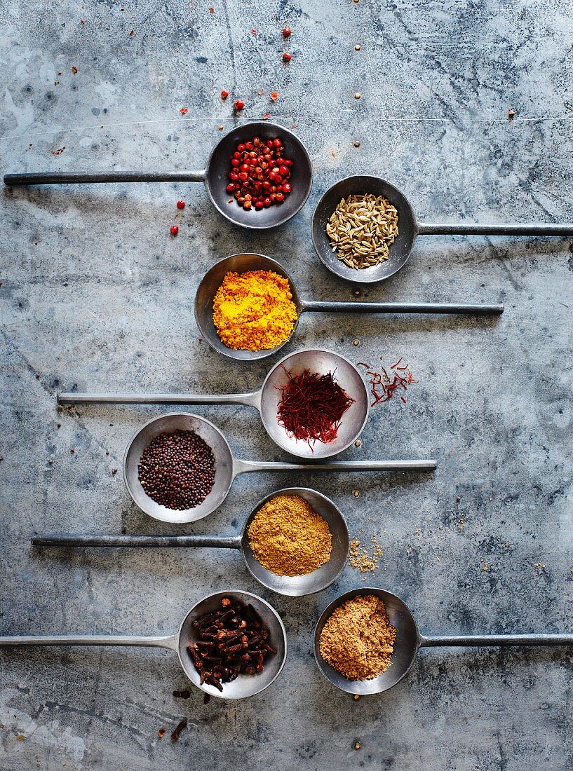 Various spices on metal spoons