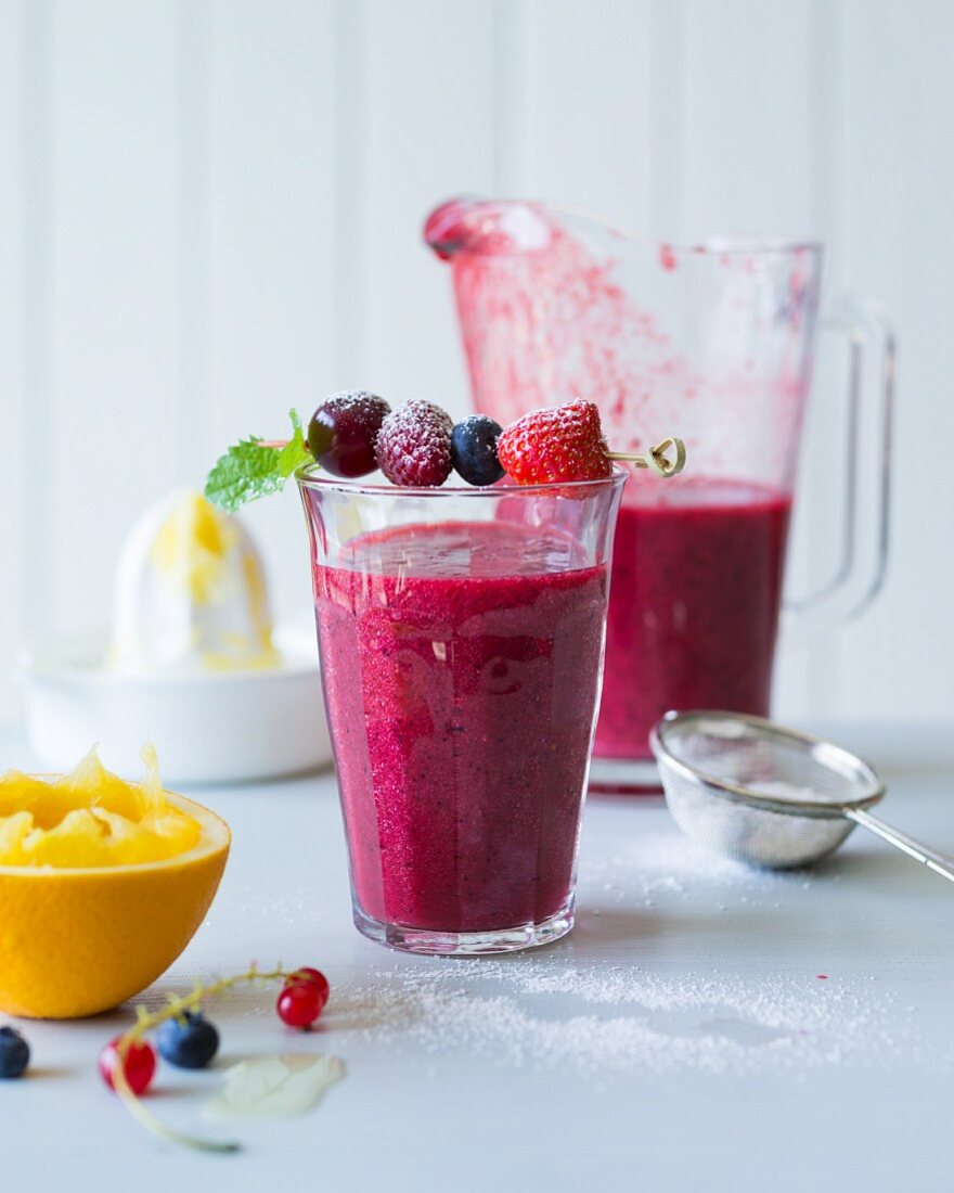 Berry smoothie made with cherries and elderflower syrup