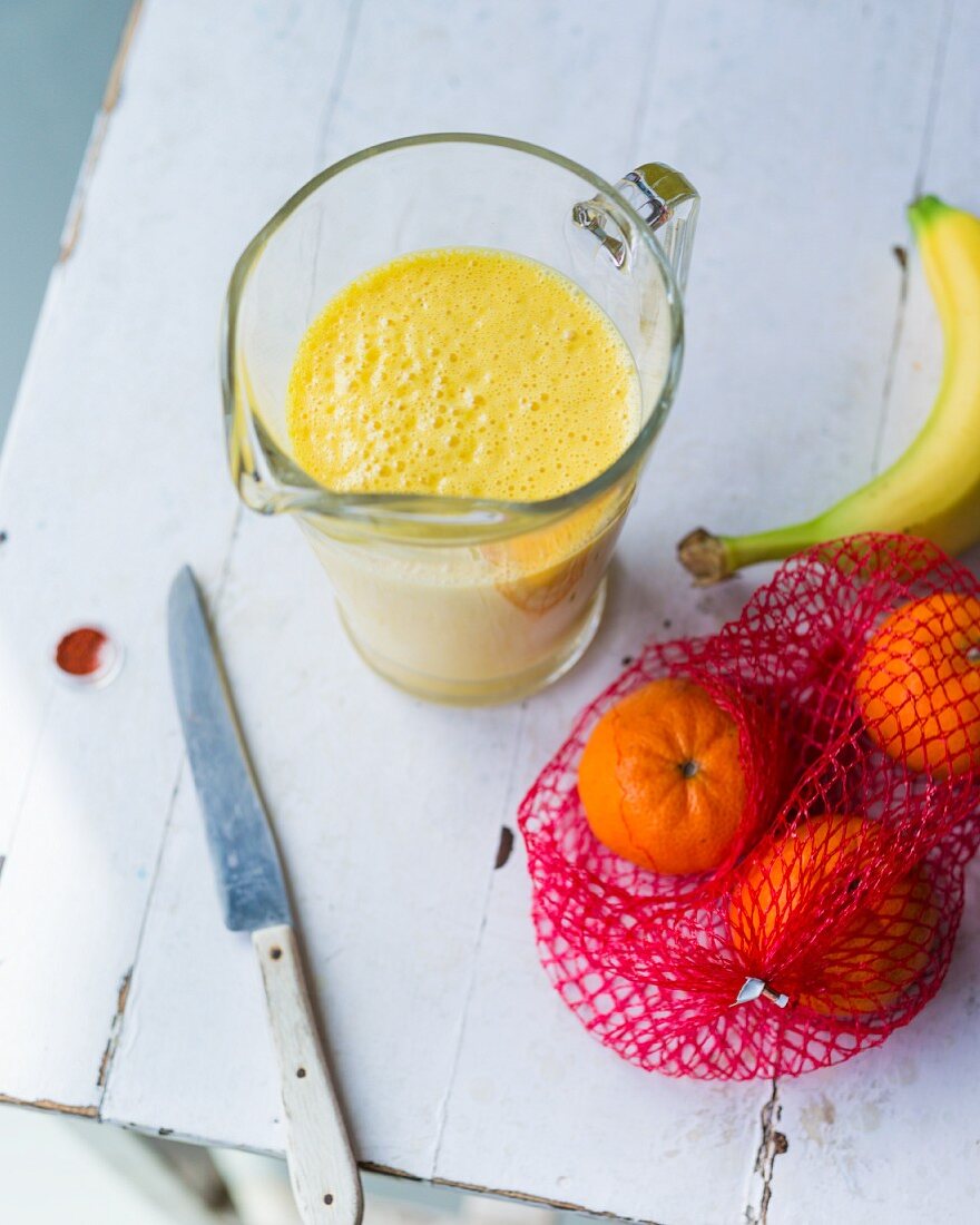 A banana lassi with mandarins, saffron and cardamom