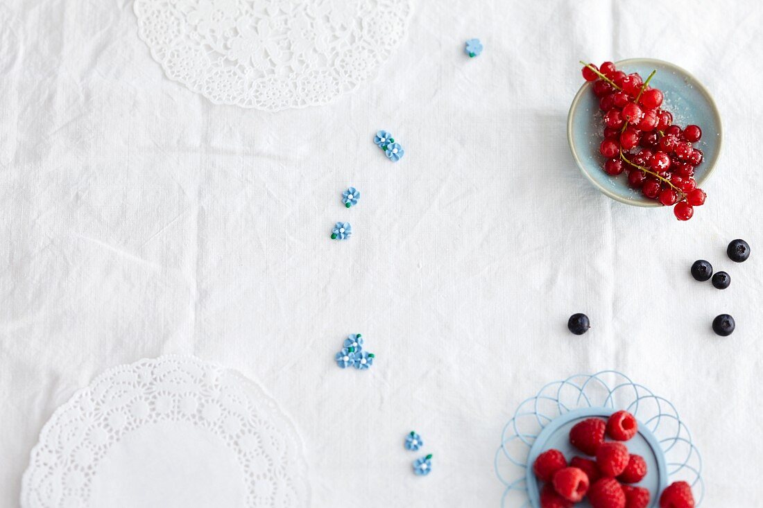 Stillleben mit Beeren & Tortendeckchen (Aufsicht)