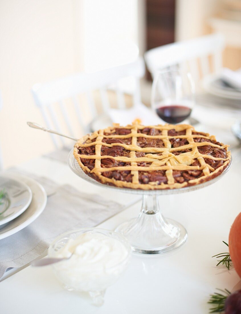 Pecan lattice tart a table laid for Thanksgiving