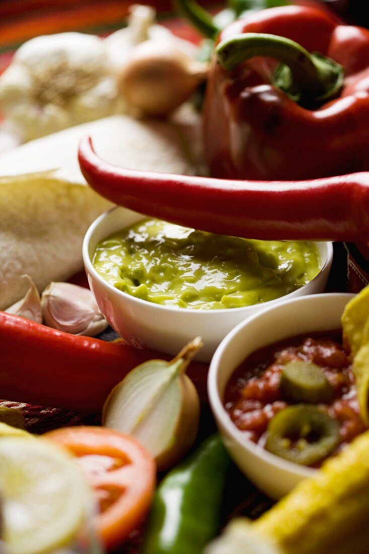 Close Up von typisch mexikanischen Lebensmitteln und Saucen